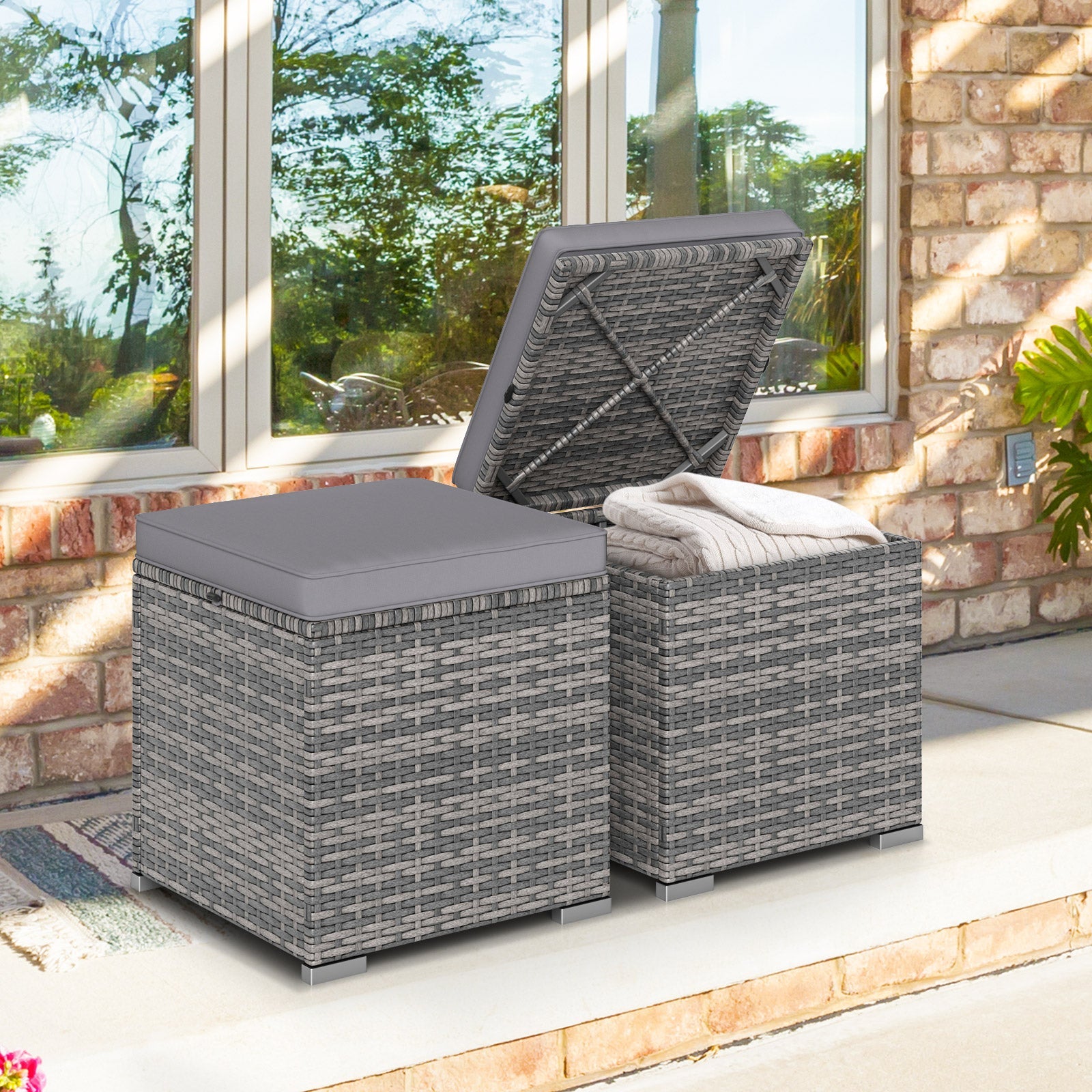 2 Pieces Patio Ottoman with Hidden Storage Space-Mix Grey by DirectDeals