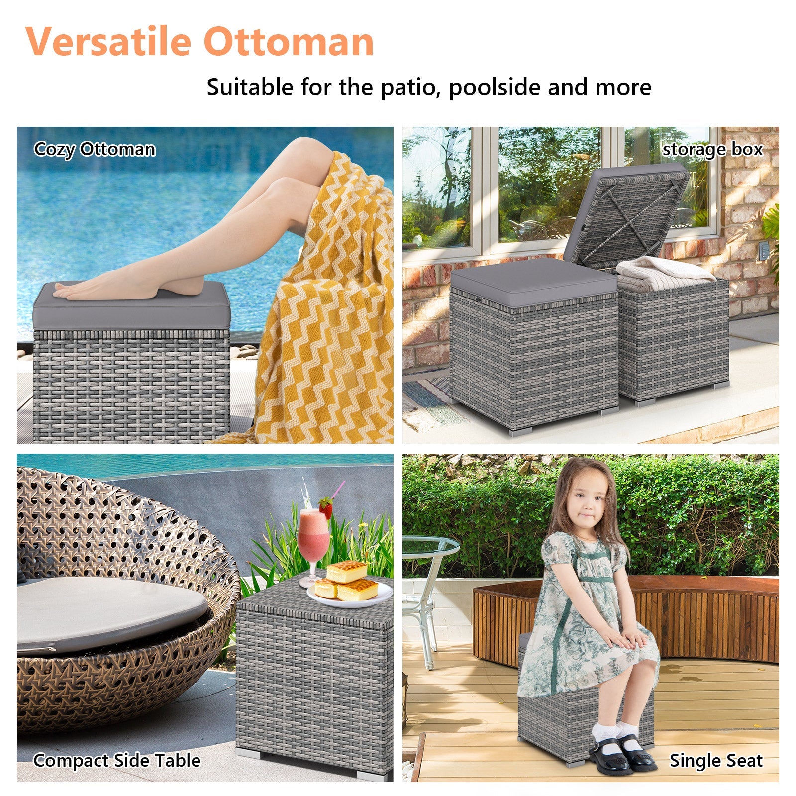 2 Pieces Patio Ottoman with Hidden Storage Space-Mix Grey by DirectDeals