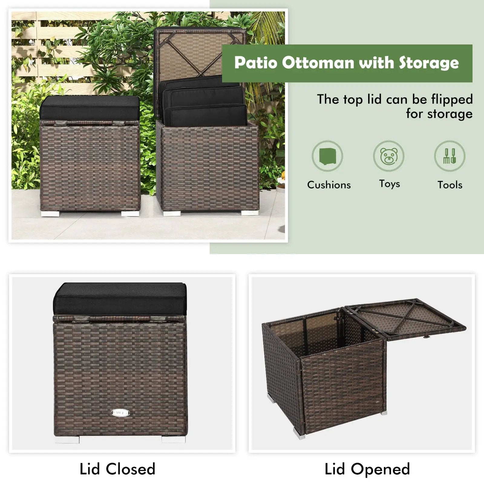 2 Pieces Patio Ottoman with Hidden Storage Space-Black by DirectDeals