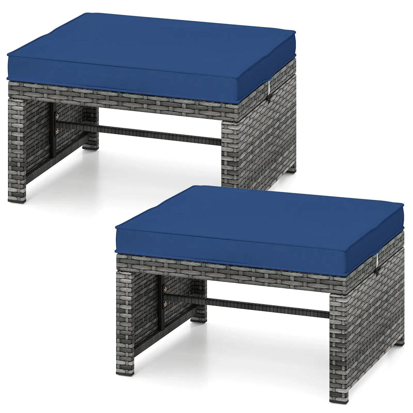 2 Pieces Patio PE Rattan Ottomans with Soft Zippered Cushions for Deck by DirectDeals