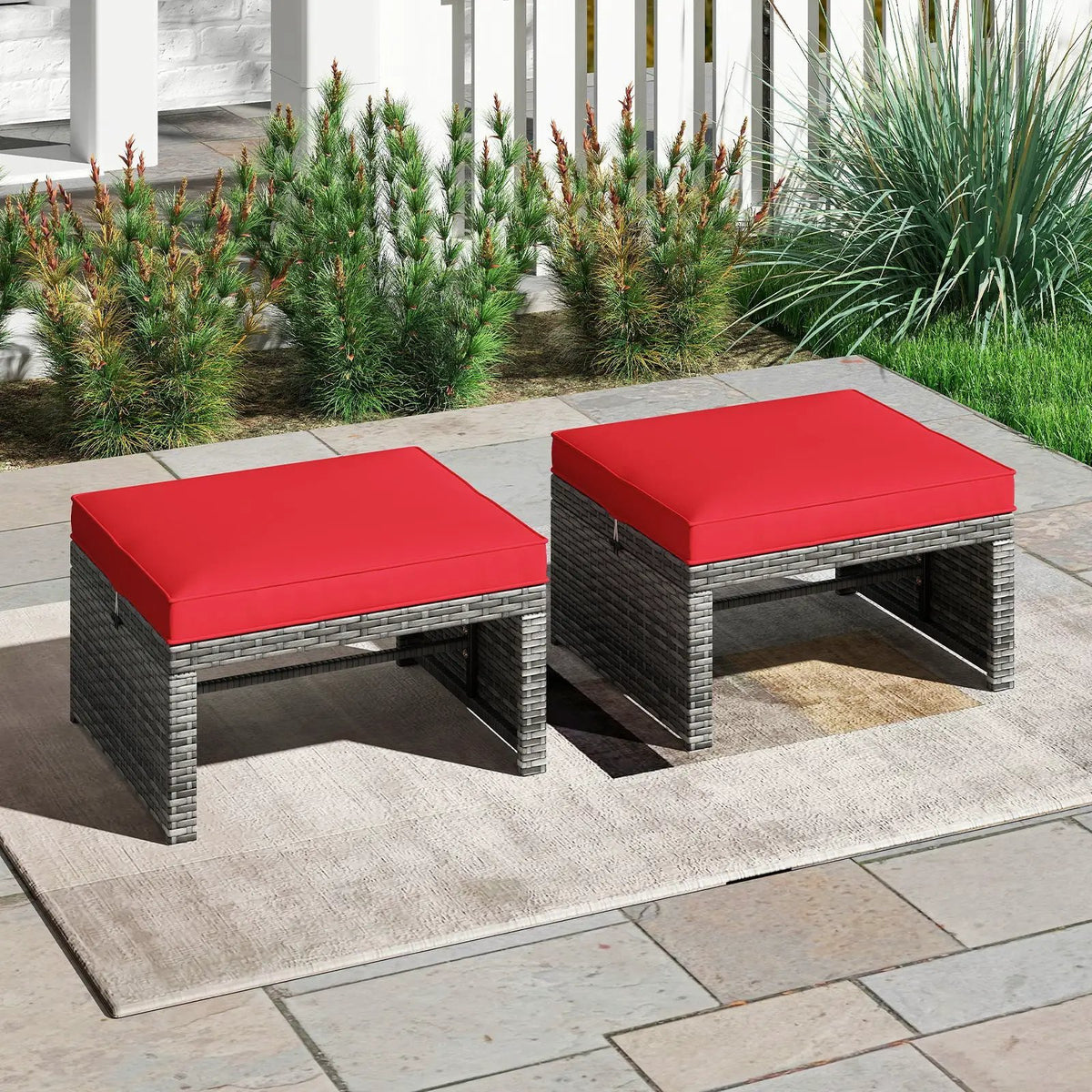 2 Pieces Patio PE Rattan Ottomans with Soft Zippered Cushions for Deck by DirectDeals