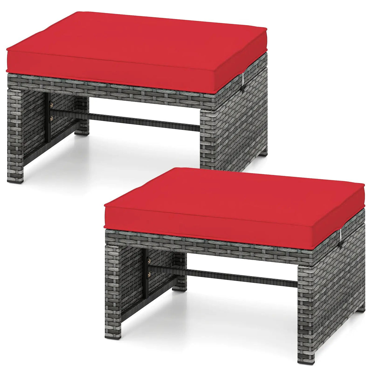 2 Pieces Patio PE Rattan Ottomans with Soft Zippered Cushions for Deck by DirectDeals