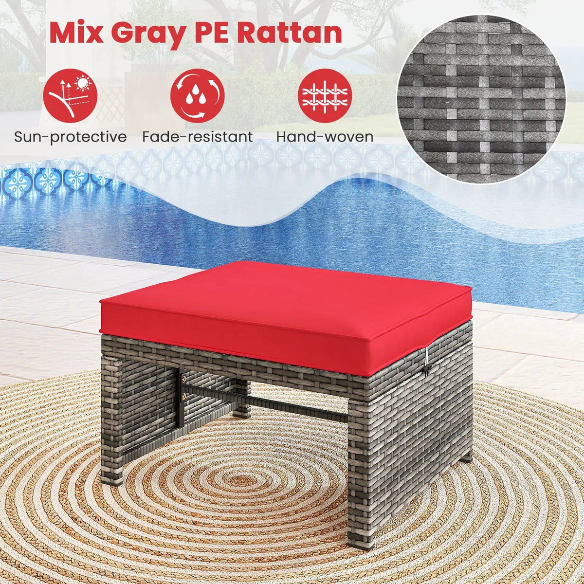 2 Pieces Patio PE Rattan Ottomans with Soft Zippered Cushions for Deck by DirectDeals