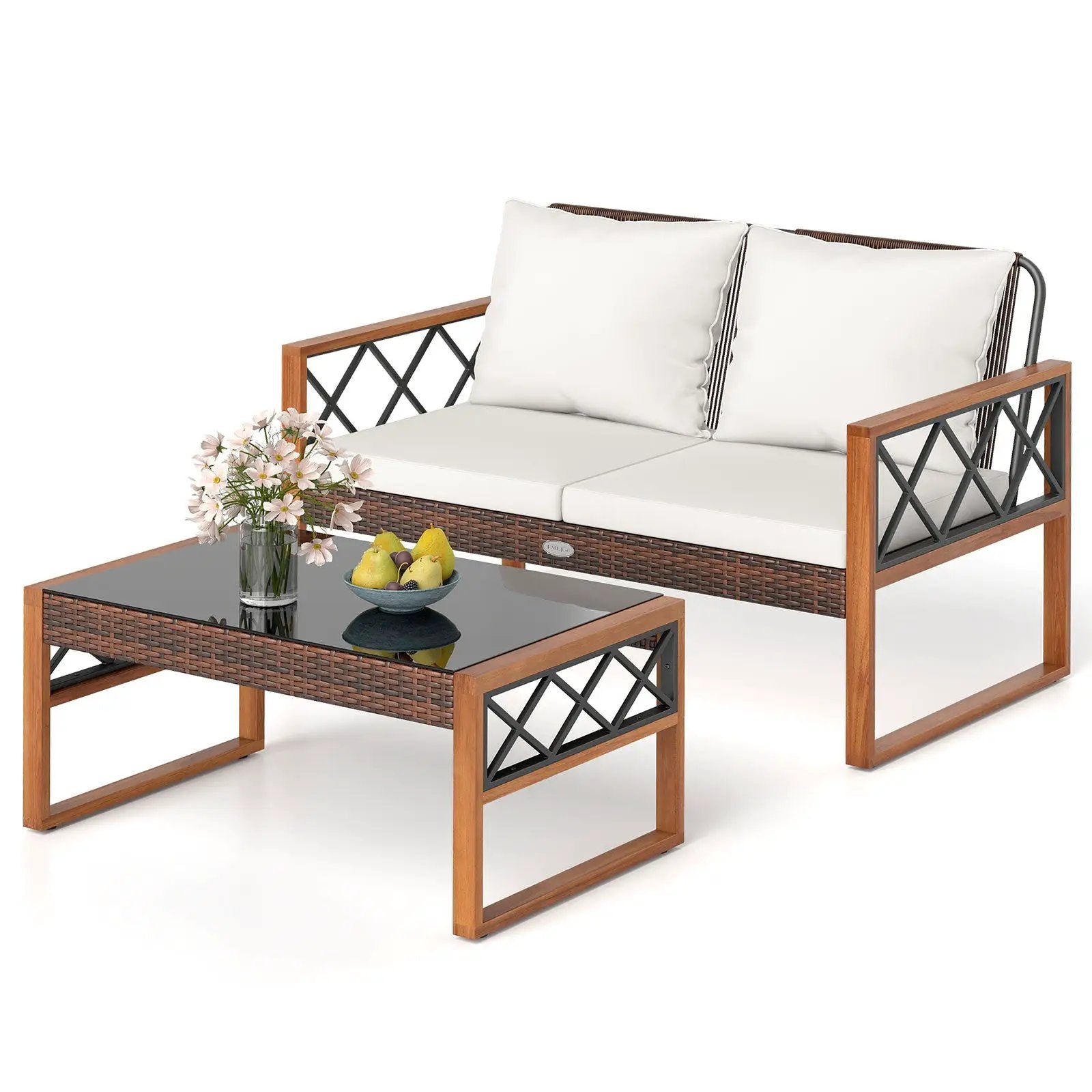 2 Pieces Patio PE Wicker Furniture Set Outside Conversation Set for Porch-White by DirectDeals