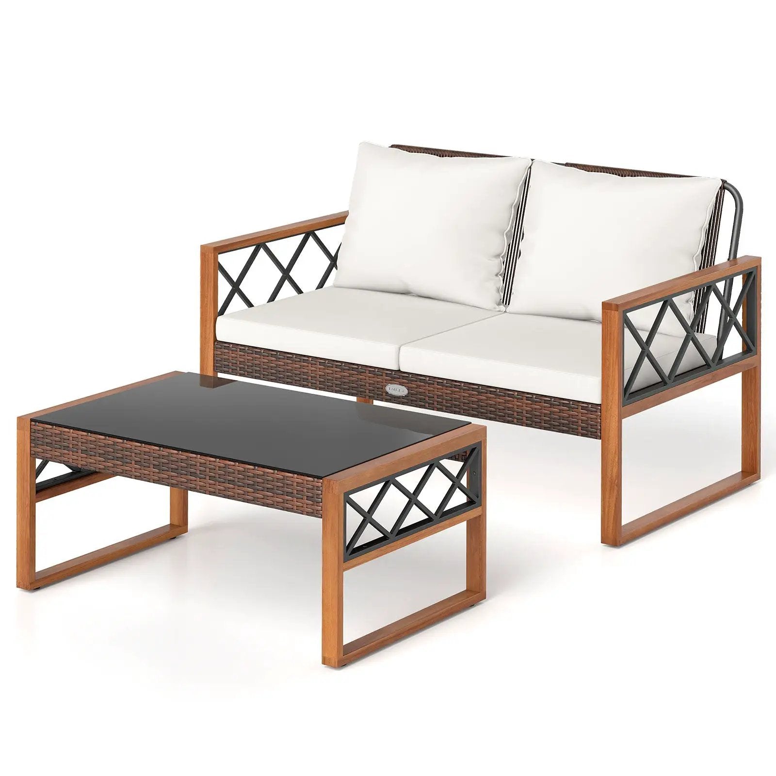 2 Pieces Patio PE Wicker Furniture Set Outside Conversation Set for Porch-White by DirectDeals