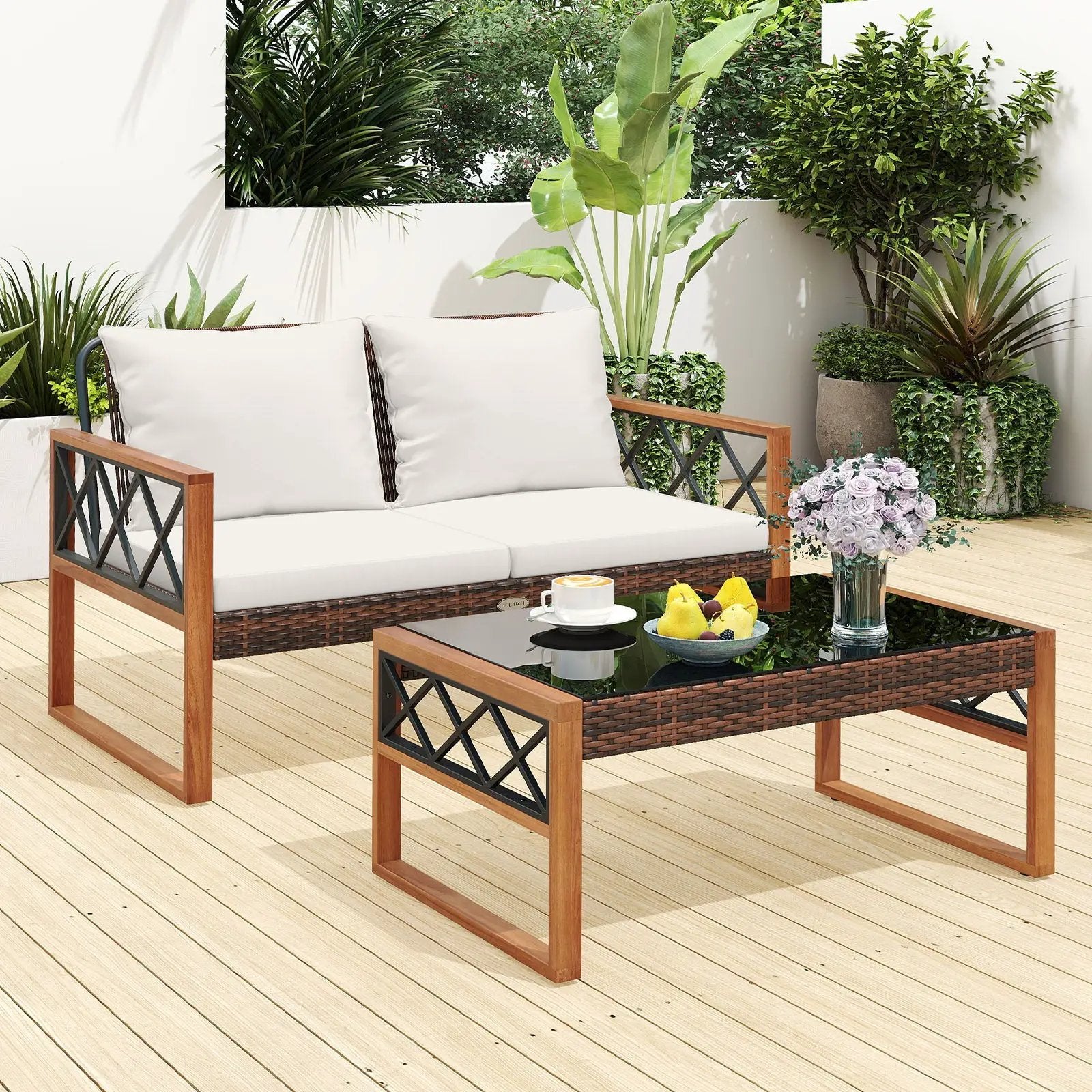 2 Pieces Patio PE Wicker Furniture Set Outside Conversation Set for Porch-White by DirectDeals