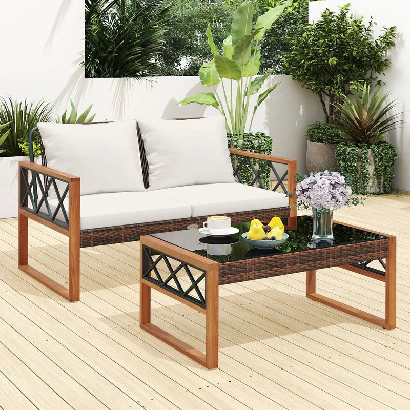2 Pieces Patio PE Wicker Furniture Set Outside Conversation Set for Porch-White by DirectDeals