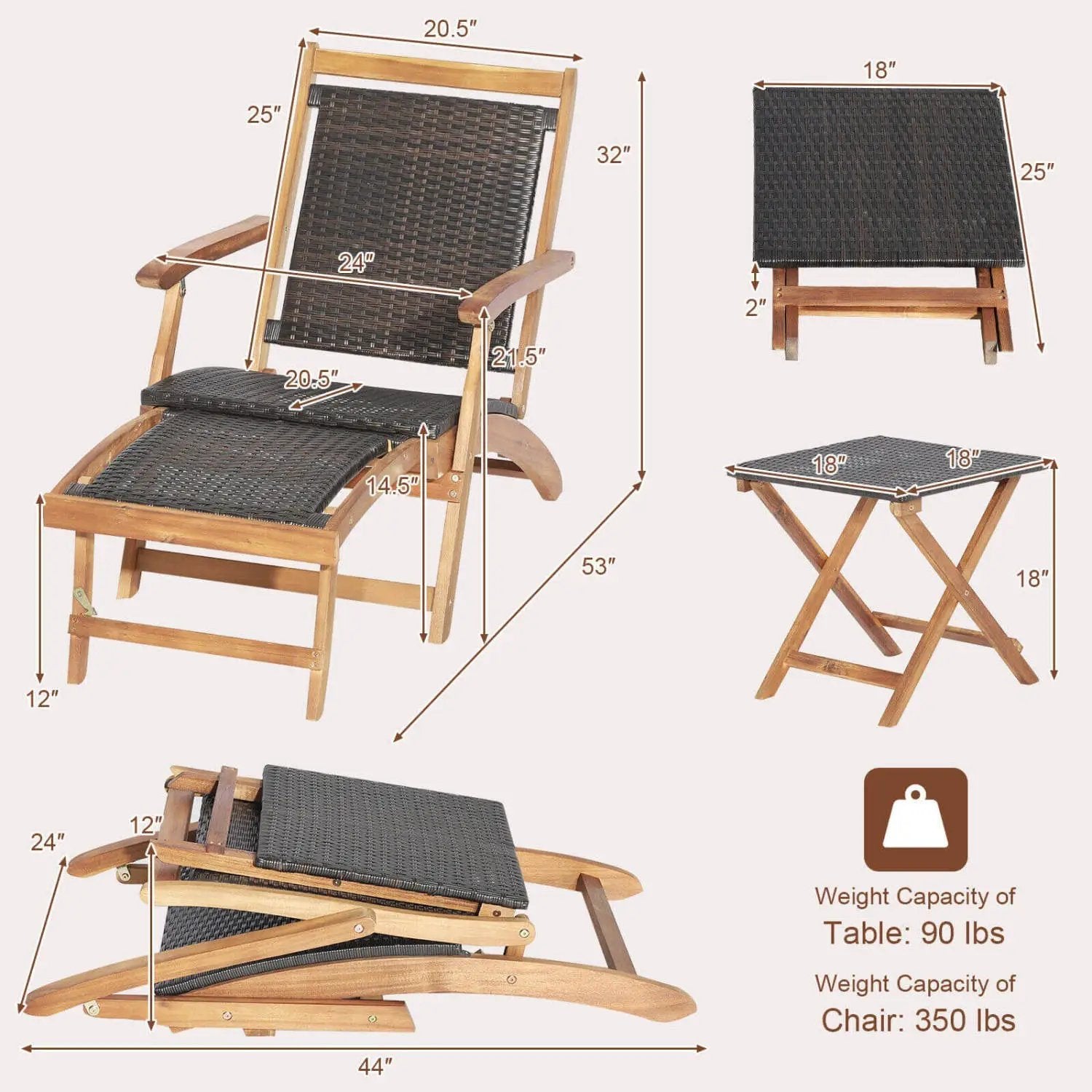 3 Pieces Patio Rattan Folding Lounge Chair Set of 2 with Acacia Wood Table by DirectDeals