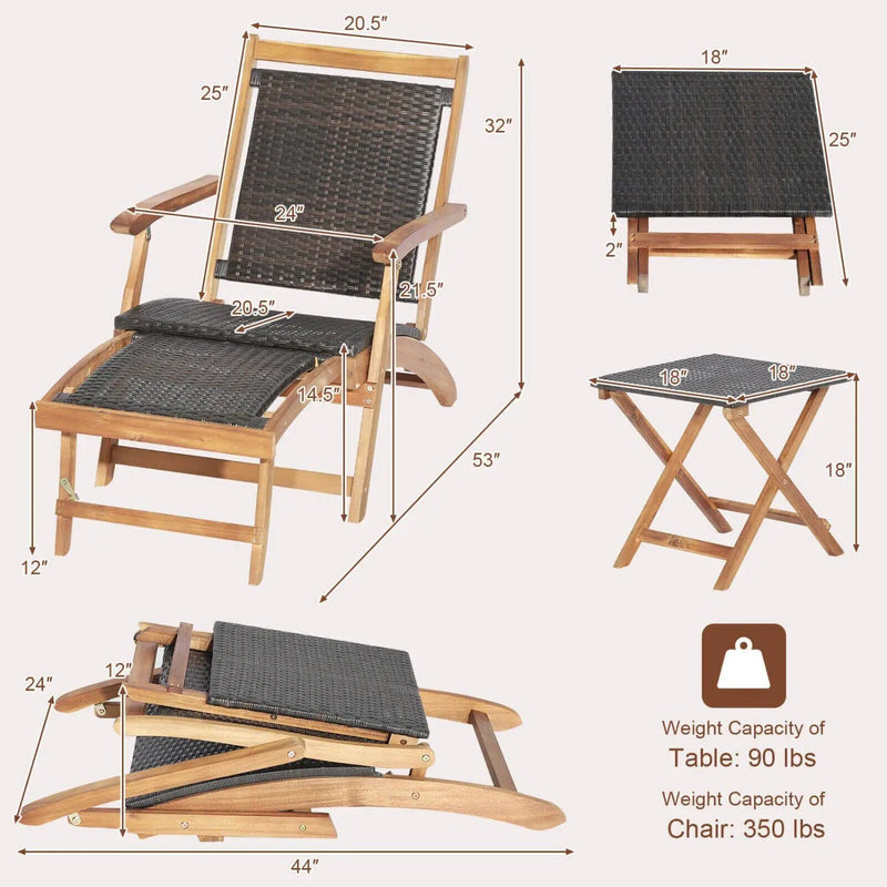 3 Pieces Patio Rattan Folding Lounge Chair Set of 2 with Acacia Wood Table by DirectDeals
