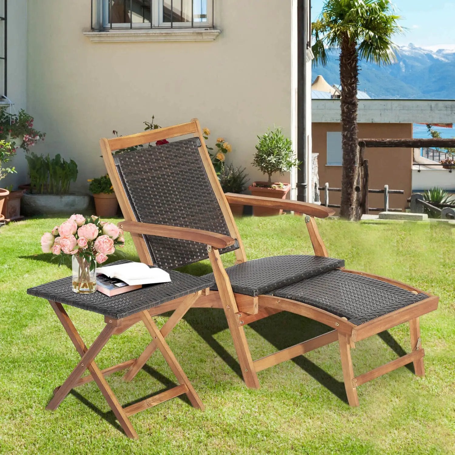 3 Pieces Patio Rattan Folding Lounge Chair Set of 2 with Acacia Wood Table by DirectDeals
