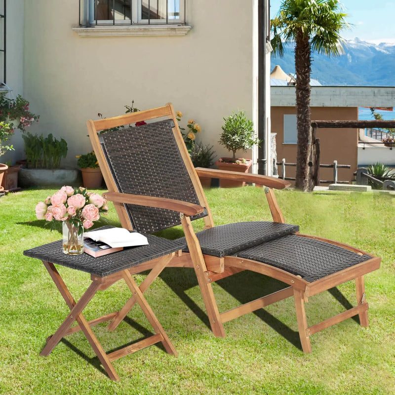 3 Pieces Patio Rattan Folding Lounge Chair Set of 2 with Acacia Wood Table by DirectDeals