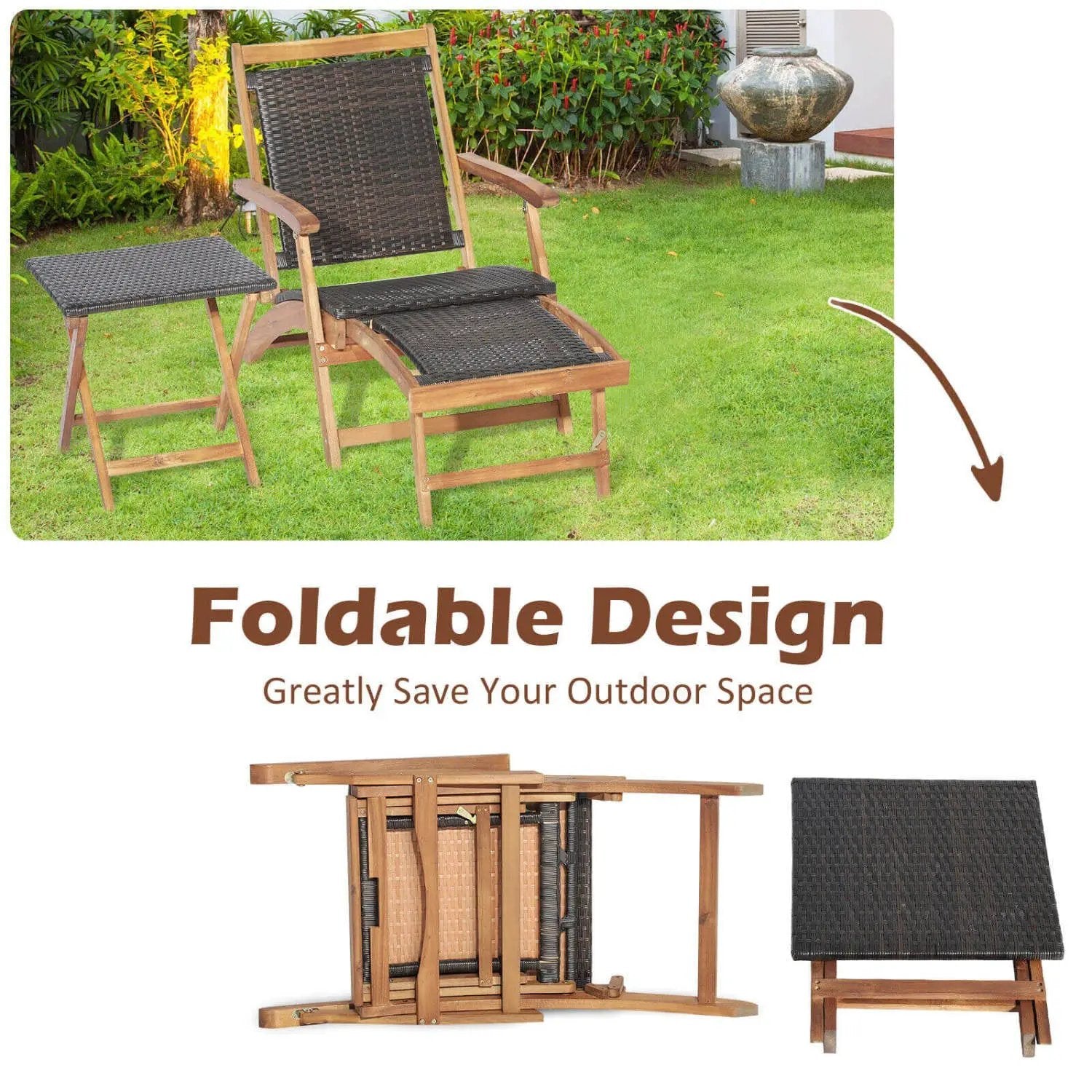 3 Pieces Patio Rattan Folding Lounge Chair Set of 2 with Acacia Wood Table by DirectDeals