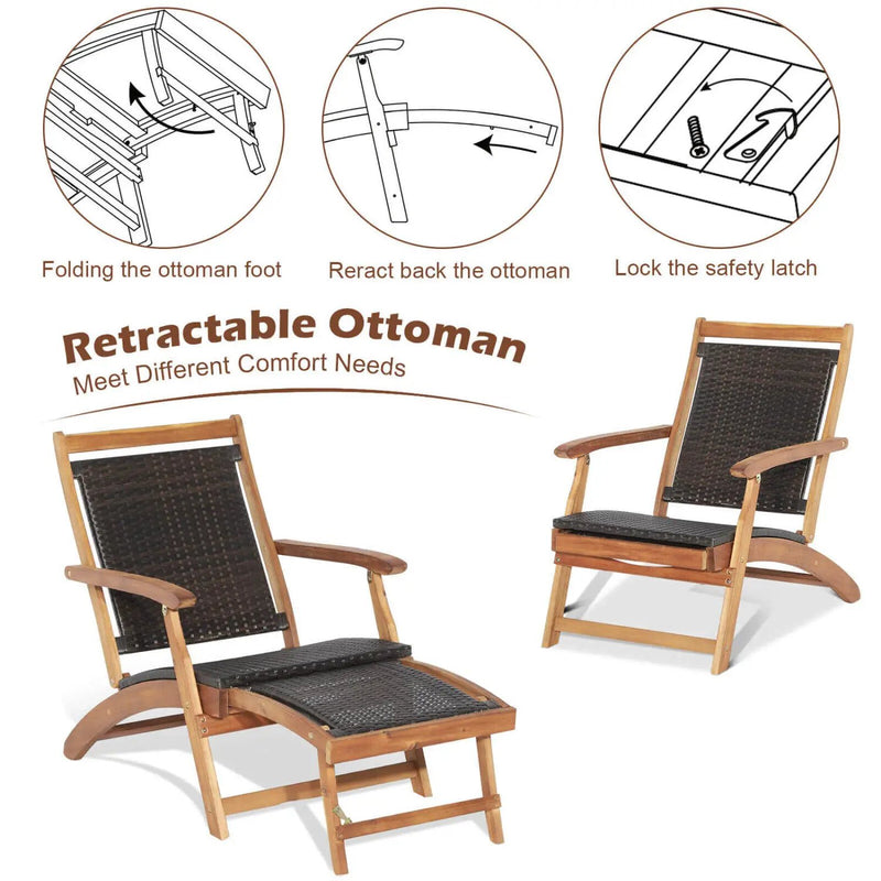 3 Pieces Patio Rattan Folding Lounge Chair Set of 2 with Acacia Wood Table by DirectDeals