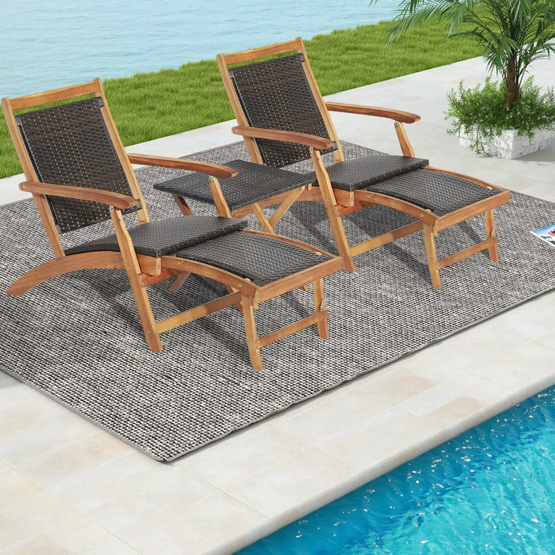 3 Pieces Patio Rattan Folding Lounge Chair Set of 2 with Acacia Wood Table by DirectDeals