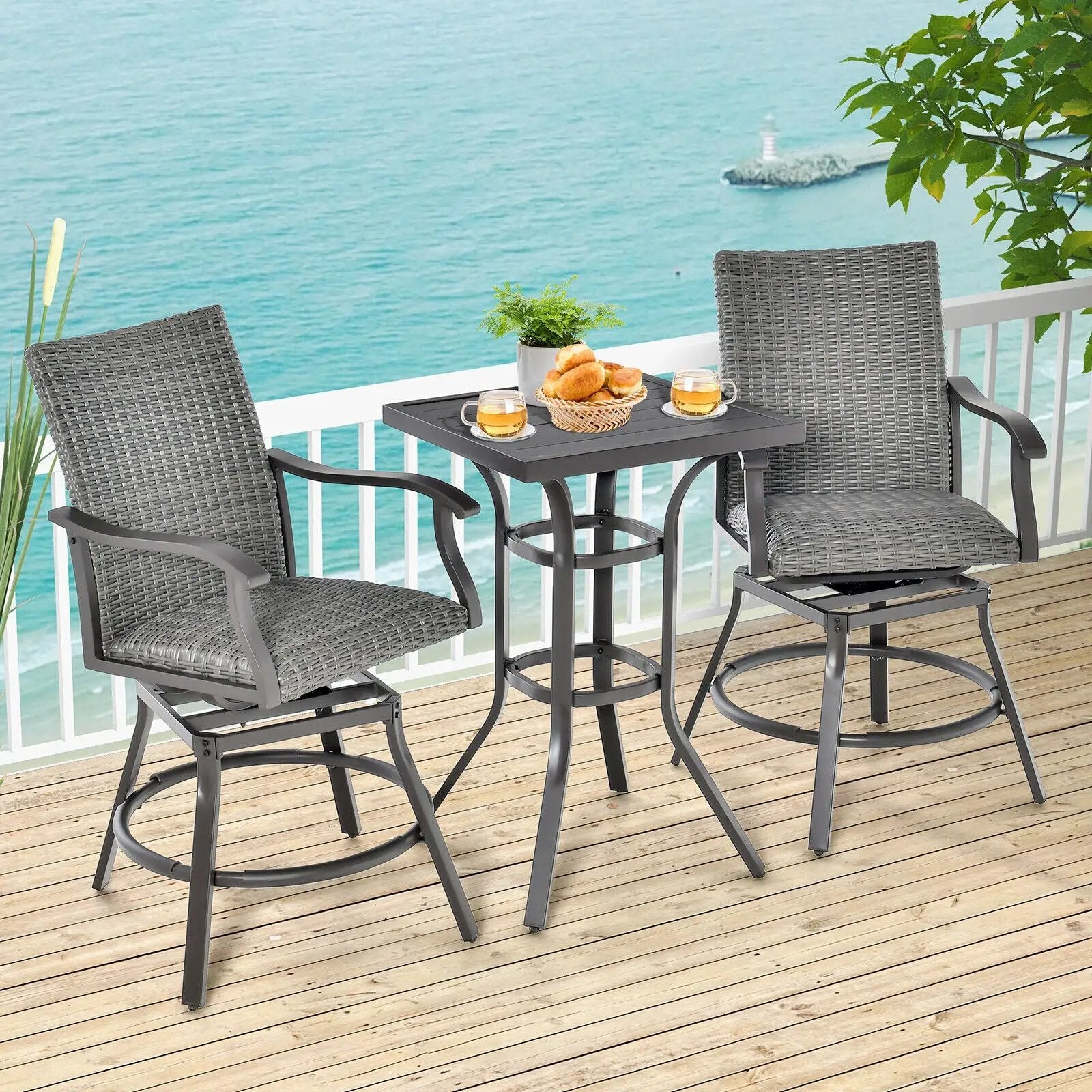 2 Pieces Patio Swivel Bar Chair Set with Quick Dry 4D Air Fiber Cushion by DirectDeals