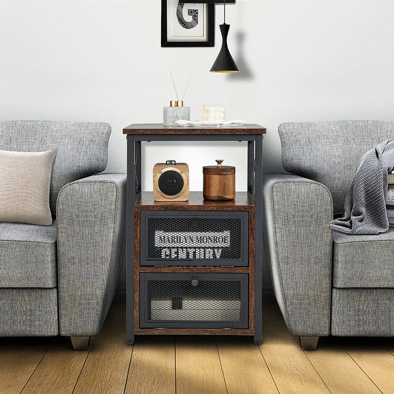 Set of 2 Modern Nightstand with 2 Flip Drawers and Open Shelf-Rustic Brown by DirectDeals