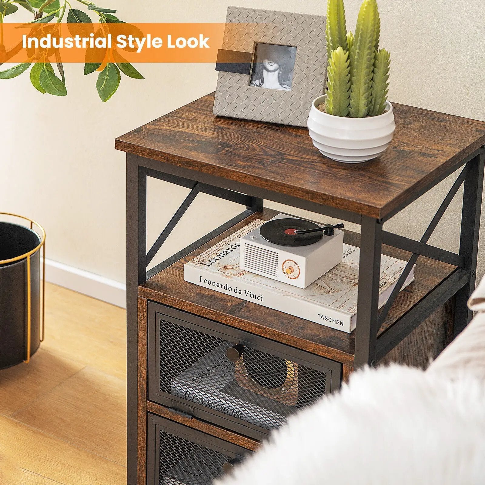 Set of 2 Modern Nightstand with 2 Flip Drawers and Open Shelf-Rustic Brown by DirectDeals