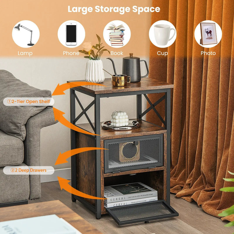Set of 2 Modern Nightstand with 2 Flip Drawers and Open Shelf-Rustic Brown by DirectDeals