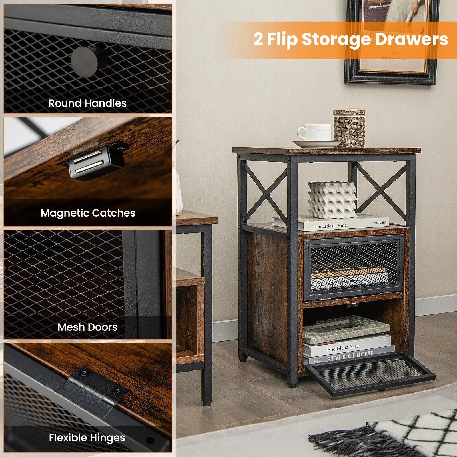 Set of 2 Modern Nightstand with 2 Flip Drawers and Open Shelf-Rustic Brown by DirectDeals