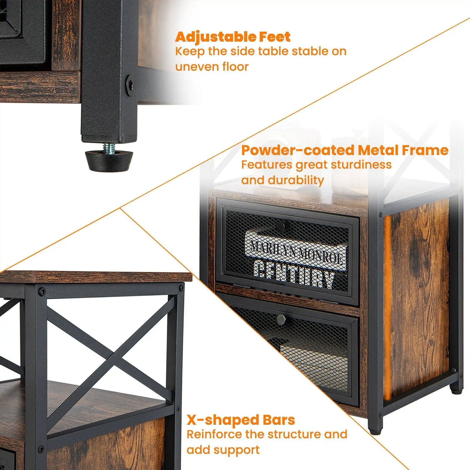 Set of 2 Modern Nightstand with 2 Flip Drawers and Open Shelf-Rustic Brown by DirectDeals