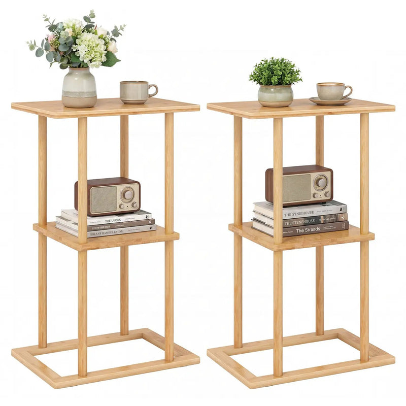 2 Pieces Side Table with Storage Shelves and Bamboo Construction-Natural by DirectDeals