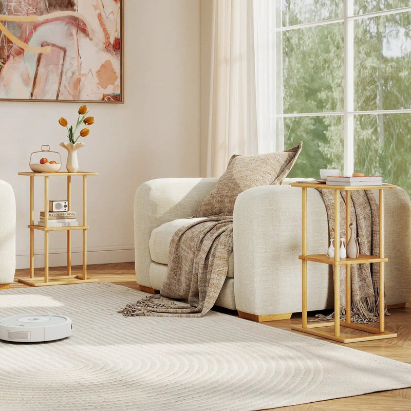 2 Pieces Side Table with Storage Shelves and Bamboo Construction-Natural by DirectDeals