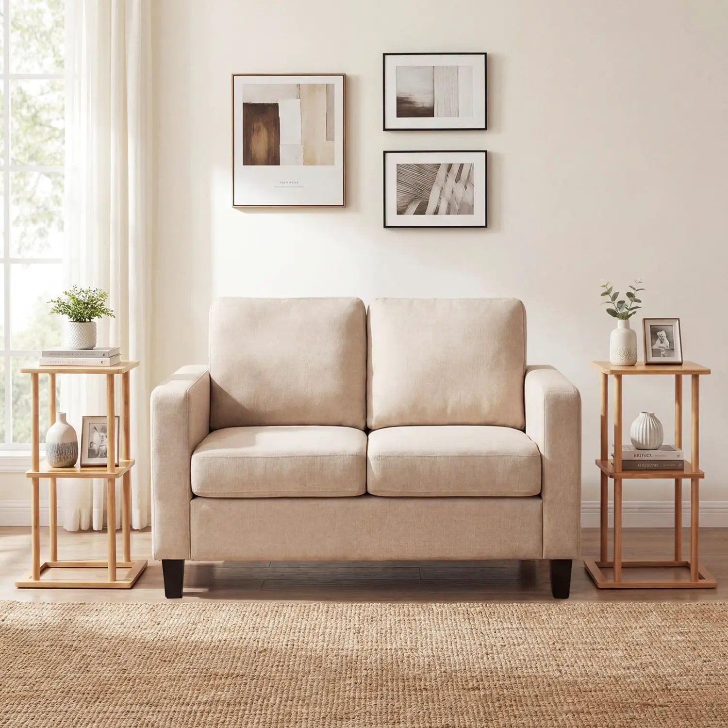 2 Pieces Side Table with Storage Shelves and Bamboo Construction-Natural by DirectDeals