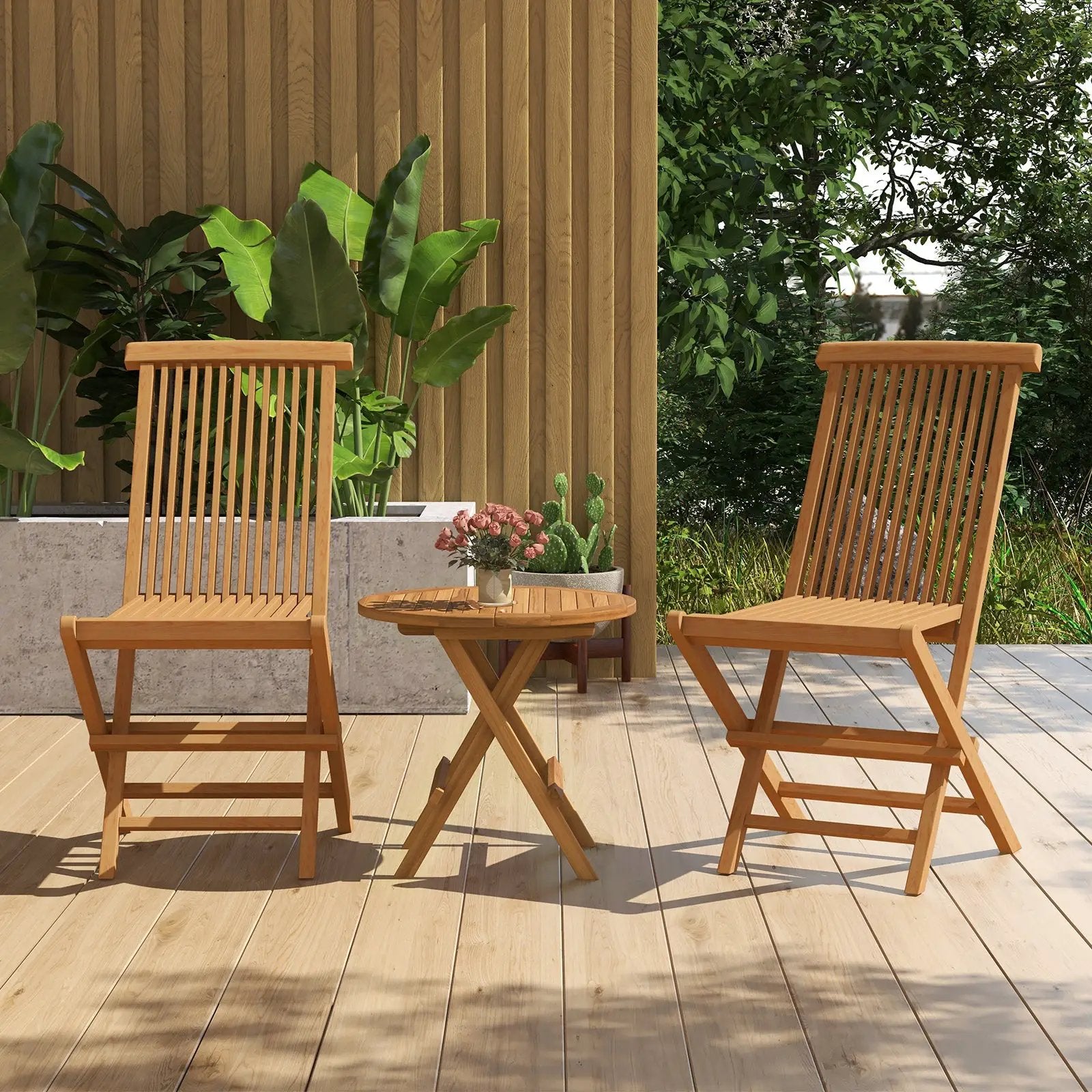 Set of 2 Indonesia Teak Patio Folding Chairs with High Back and Slatted Seat by DirectDeals