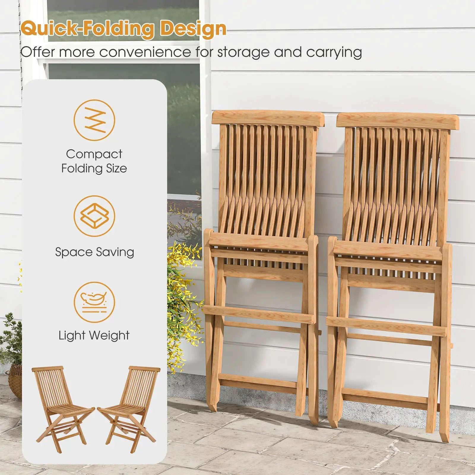 Set of 2 Indonesia Teak Patio Folding Chairs with High Back and Slatted Seat by DirectDeals