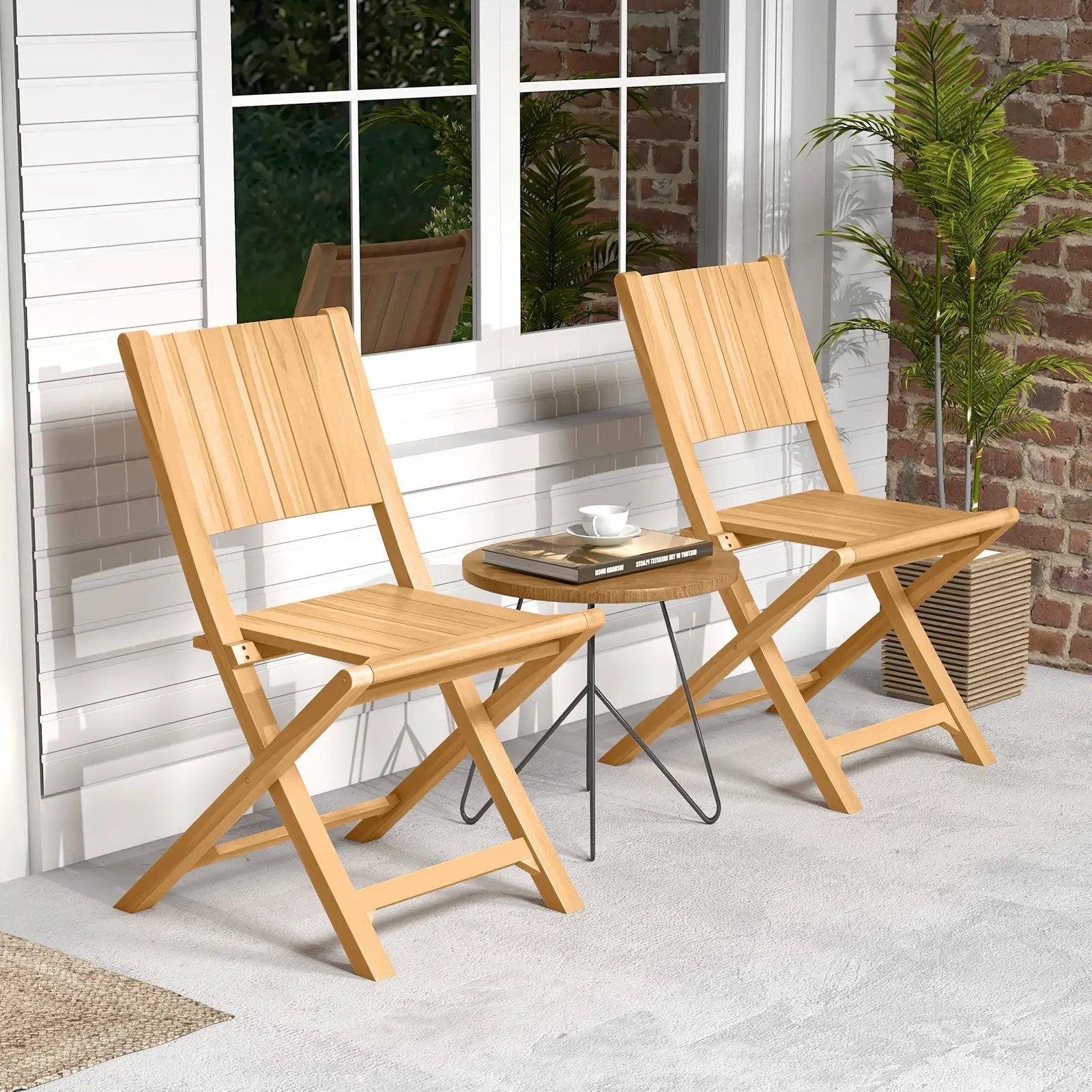 2 Pieces Teak Wood Outdoor Dining Chairs with Slatted Seat by DirectDeals