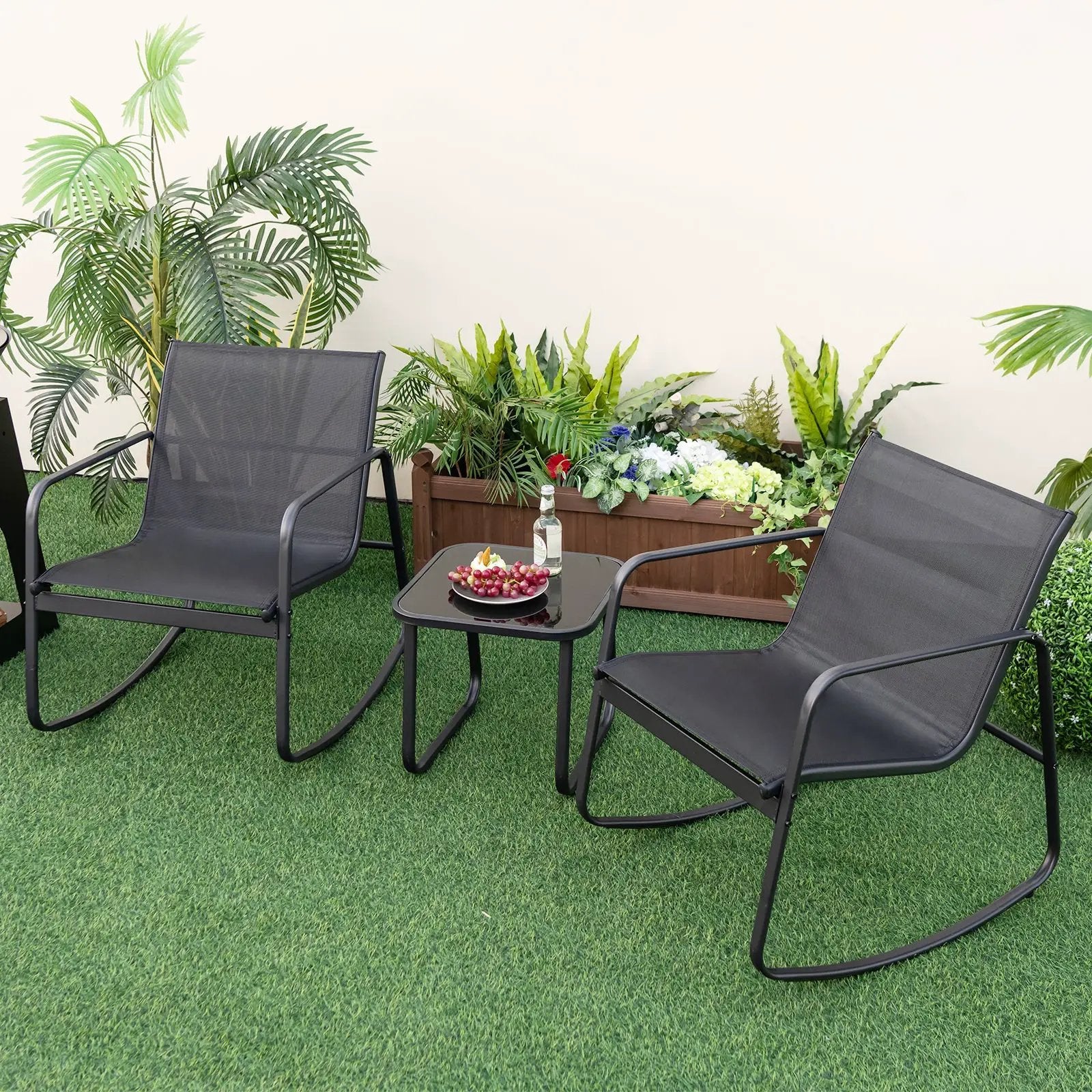 2 Rocking Bistro Chairs and Glass-Top Table for Porch Yard Balcony-Black by DirectDeals