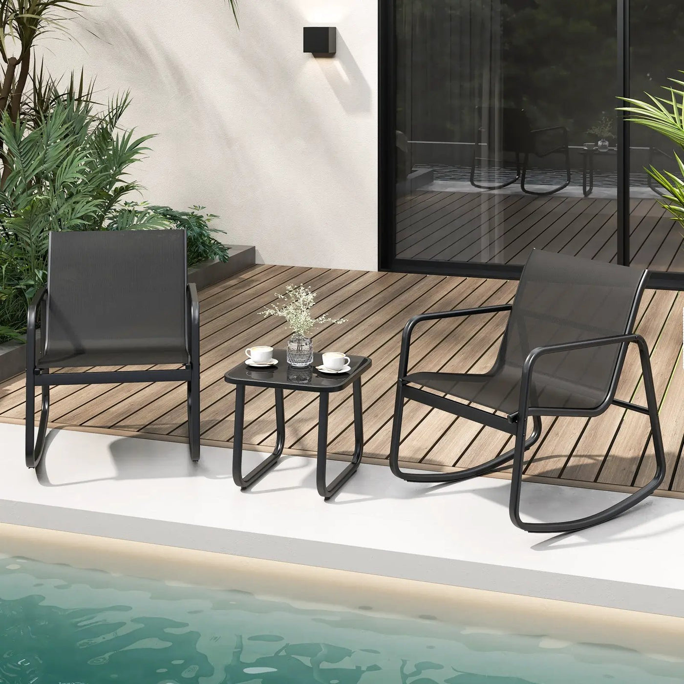 2 Rocking Bistro Chairs and Glass-Top Table for Porch Yard Balcony-Black by DirectDeals