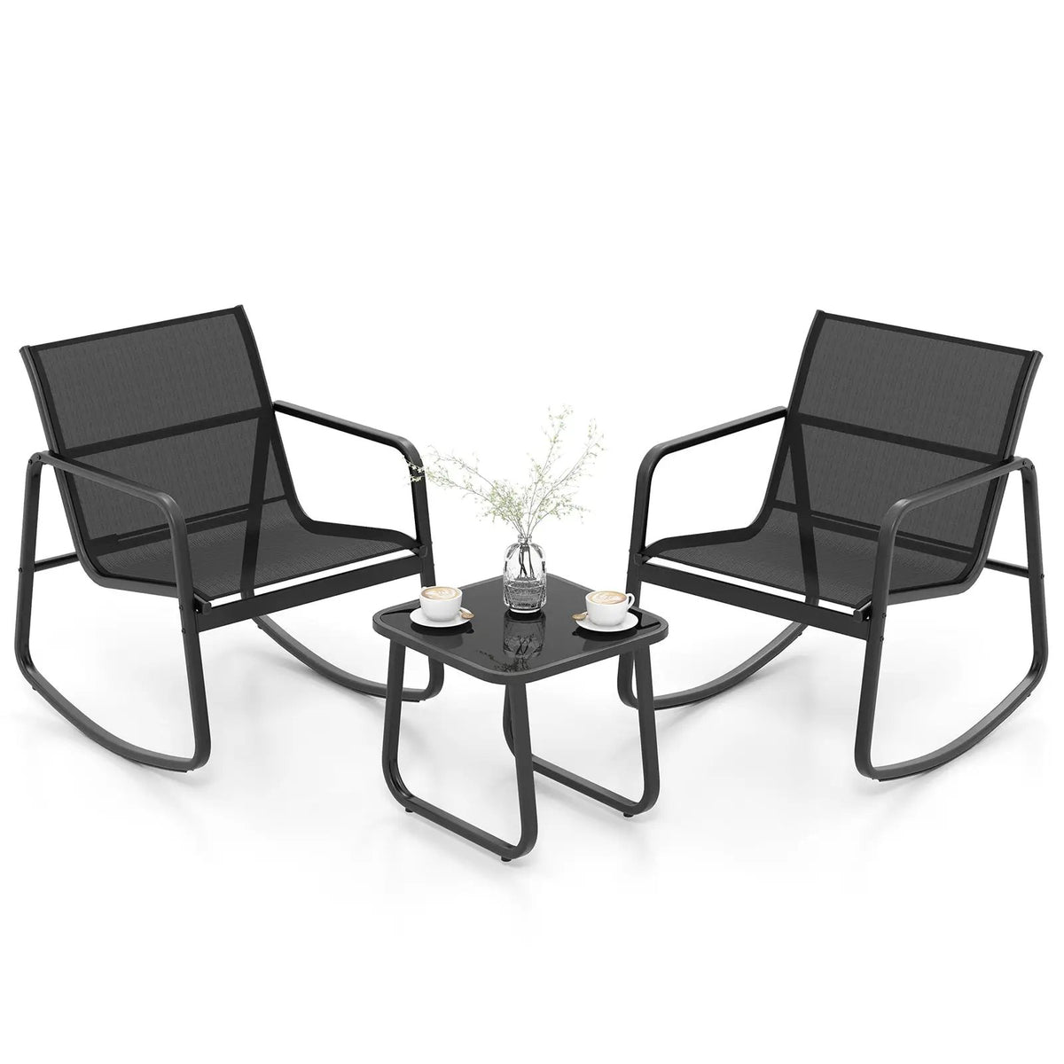 2 Rocking Bistro Chairs and Glass-Top Table for Porch Yard Balcony-Black by DirectDeals