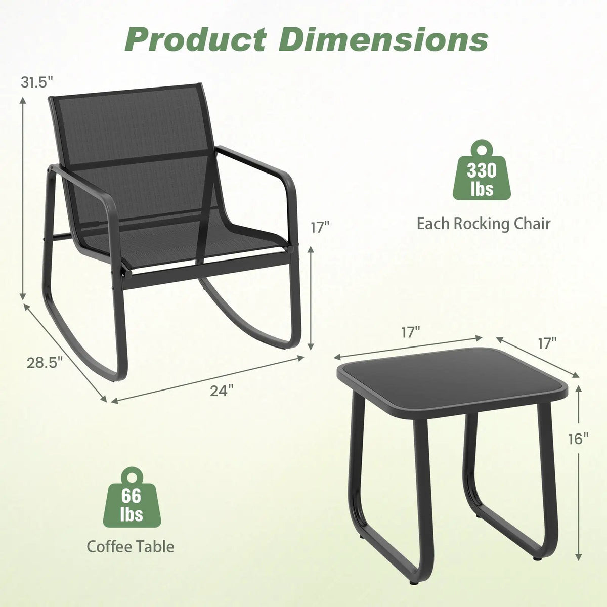 2 Rocking Bistro Chairs and Glass-Top Table for Porch Yard Balcony-Black by DirectDeals