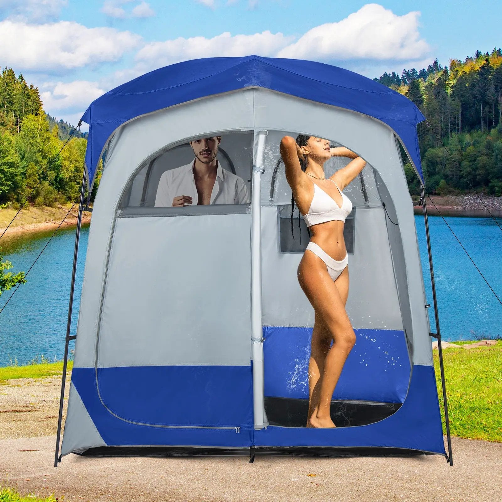 2 Rooms Oversize Privacy Shower Tent with Removable Rain Fly and Inside Pocket by DirectDeals