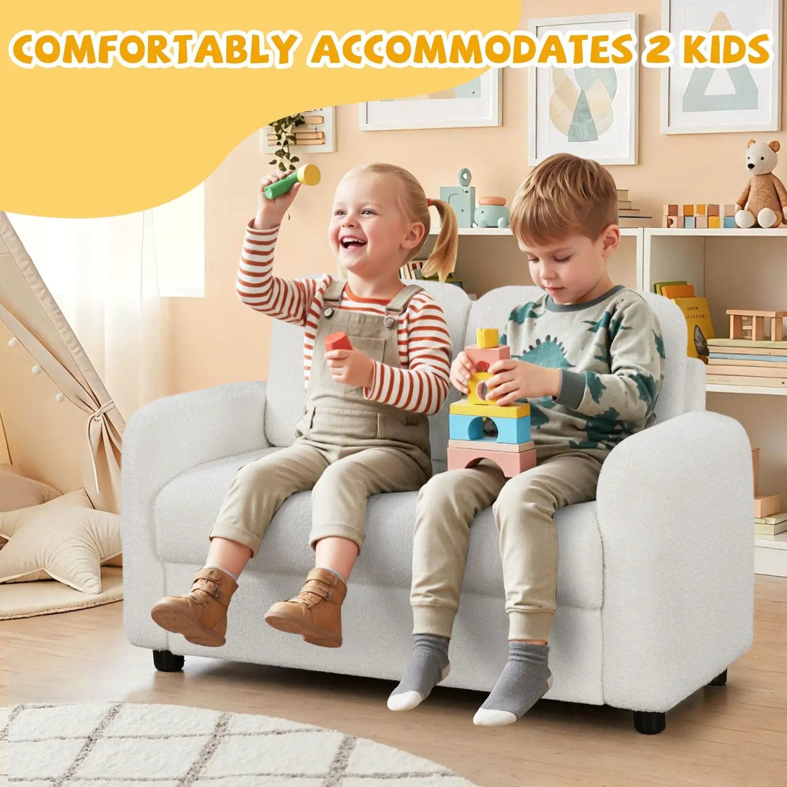 2-Seat Kids Sofa Toddler Sofa Couch with Soft Teddy Fleece Upholstery and Solid Wooden Frame by DirectDeals