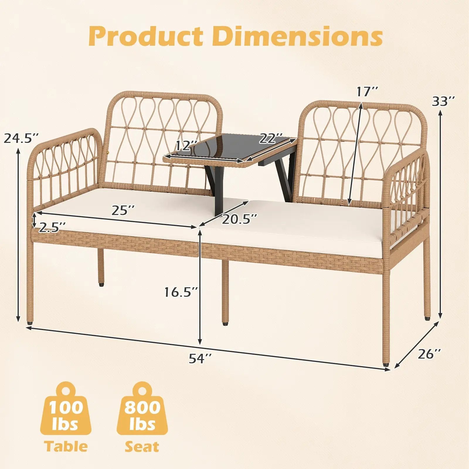 2-Seat PE Rattan Outdoor Loveseat with Built-in Coffee Table and Soft Cushions-White by DirectDeals