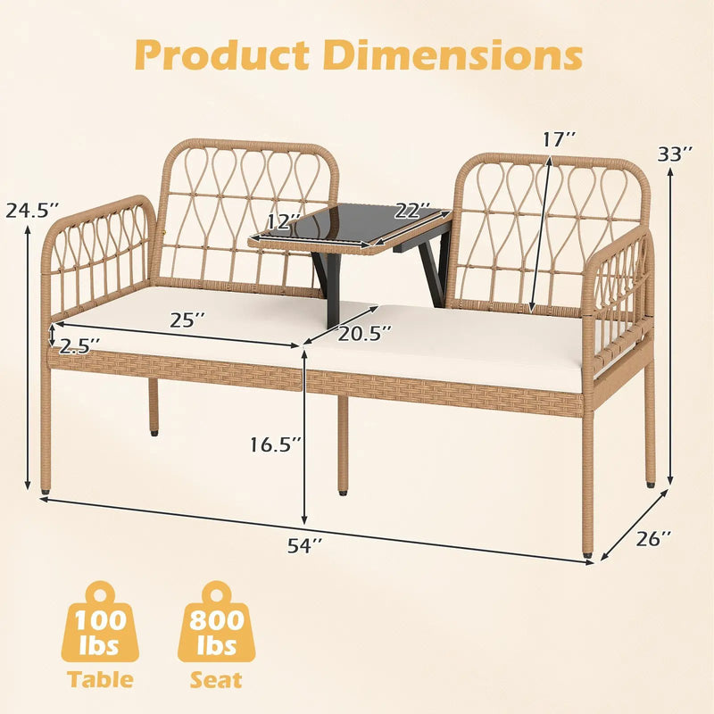 2-Seat PE Rattan Outdoor Loveseat with Built-in Coffee Table and Soft Cushions-White by DirectDeals