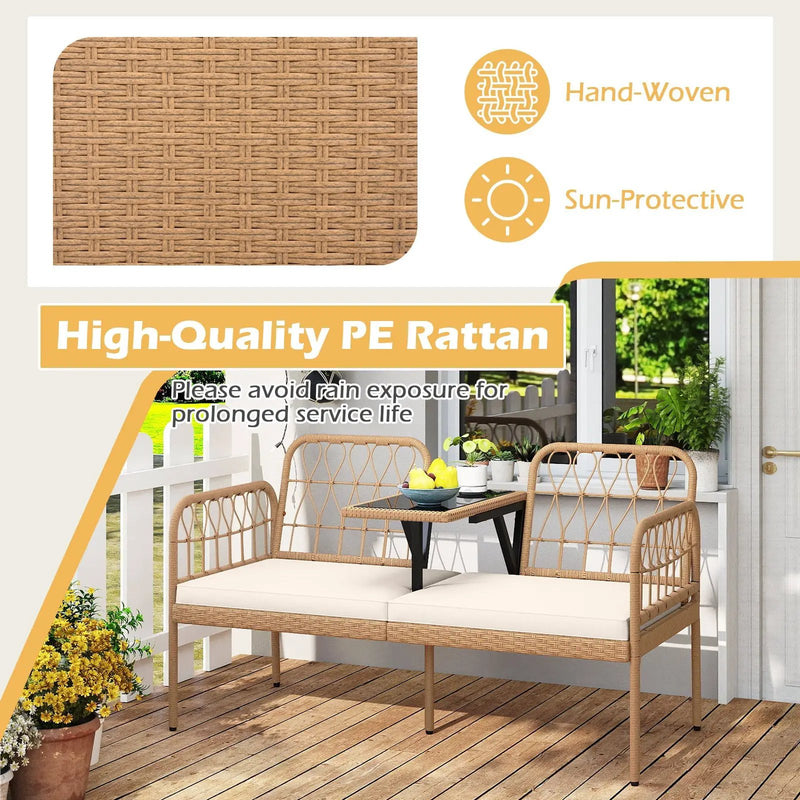 2-Seat PE Rattan Outdoor Loveseat with Built-in Coffee Table and Soft Cushions-White by DirectDeals