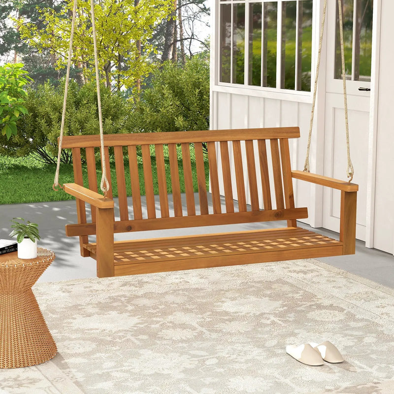 2-Seat Acacia Wood Porch Swing Bench with 2 Hanging Hemp Ropes by DirectDeals