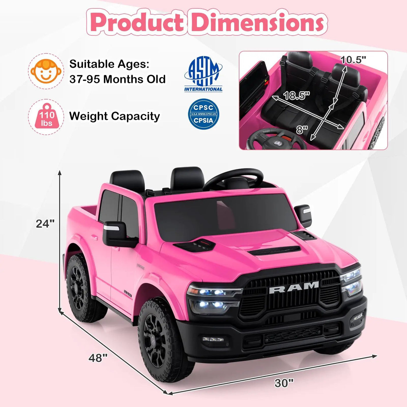 2 Seater 24V Ride on Toy for Big Kids Licensed Ram Truck with Remote and Music by DirectDeals