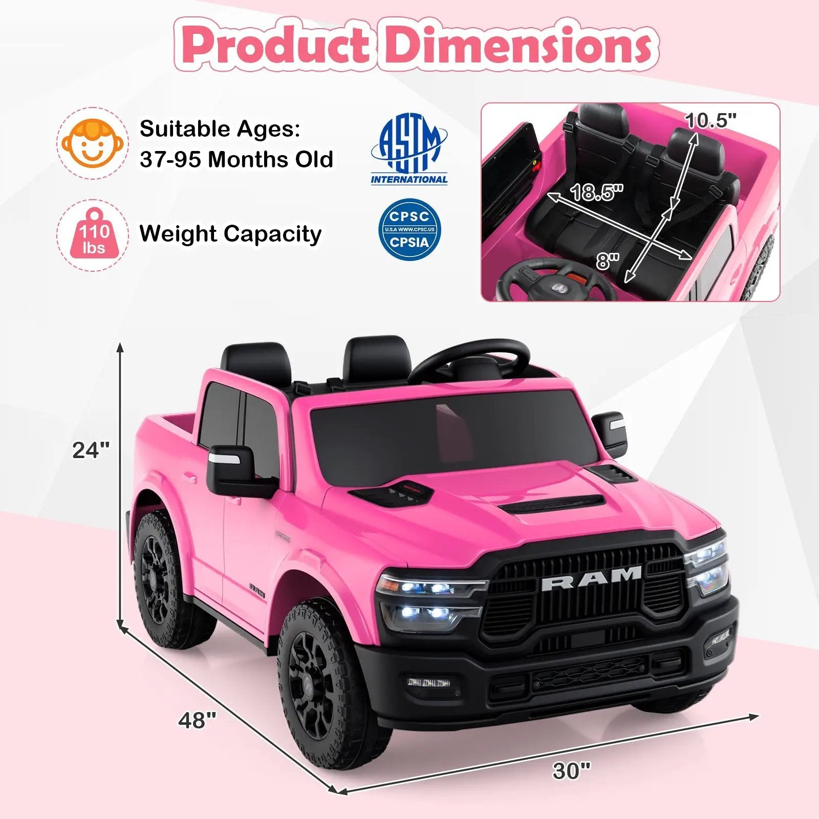 2 Seater 24V Ride on Toy for Big Kids Licensed Ram Truck with Remote and Music by DirectDeals