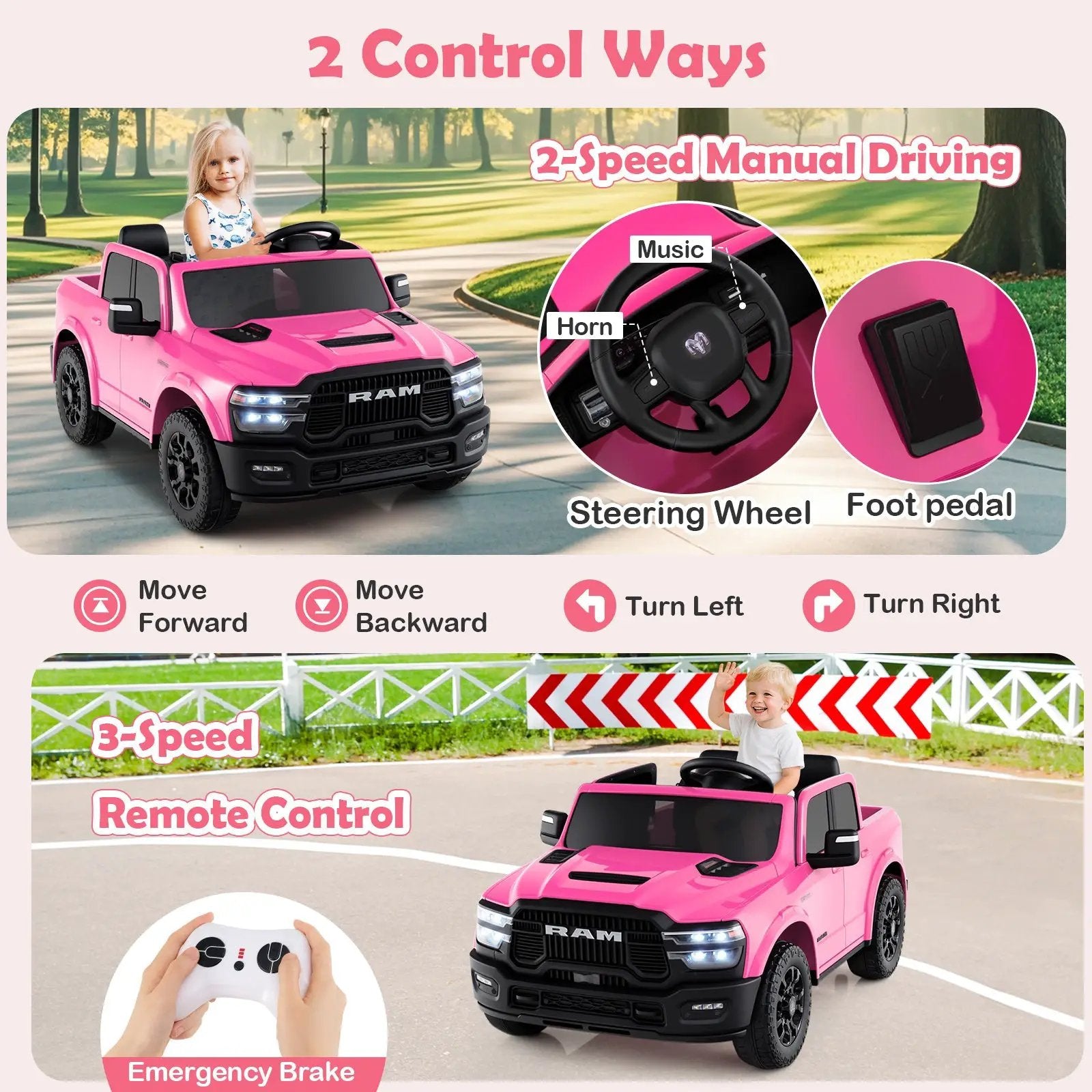 2 Seater 24V Ride on Toy for Big Kids Licensed Ram Truck with Remote and Music by DirectDeals