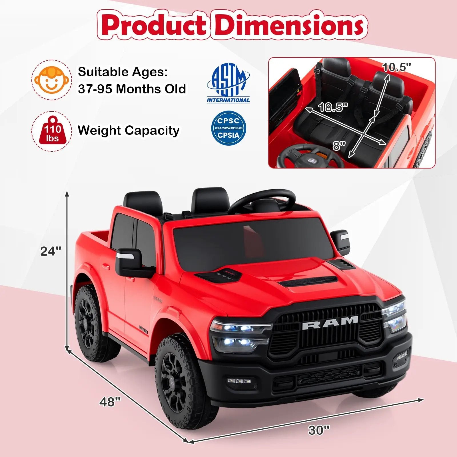2 Seater 24V Ride on Toy for Big Kids Licensed Ram Truck with Remote and Music by DirectDeals