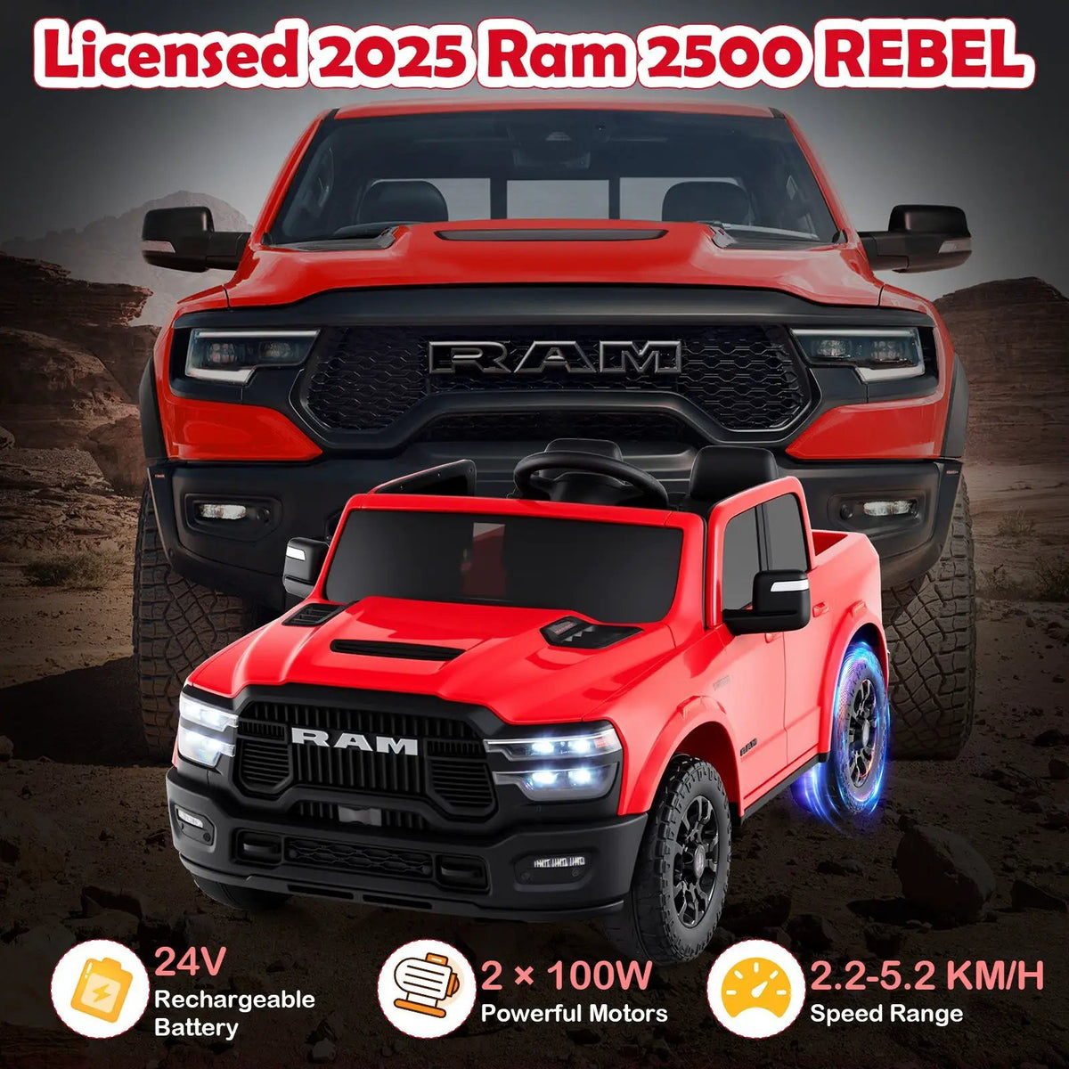 2 Seater 24V Ride on Toy for Big Kids Licensed Ram Truck with Remote and Music by DirectDeals