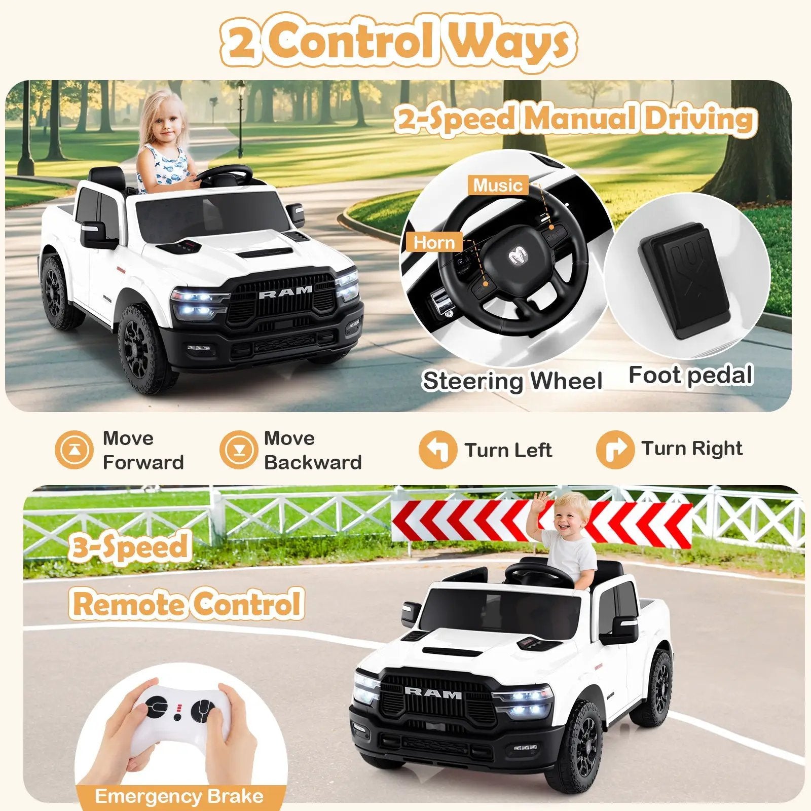 2 Seater 24V Ride on Toy for Big Kids Licensed Ram Truck with Remote and Music by DirectDeals