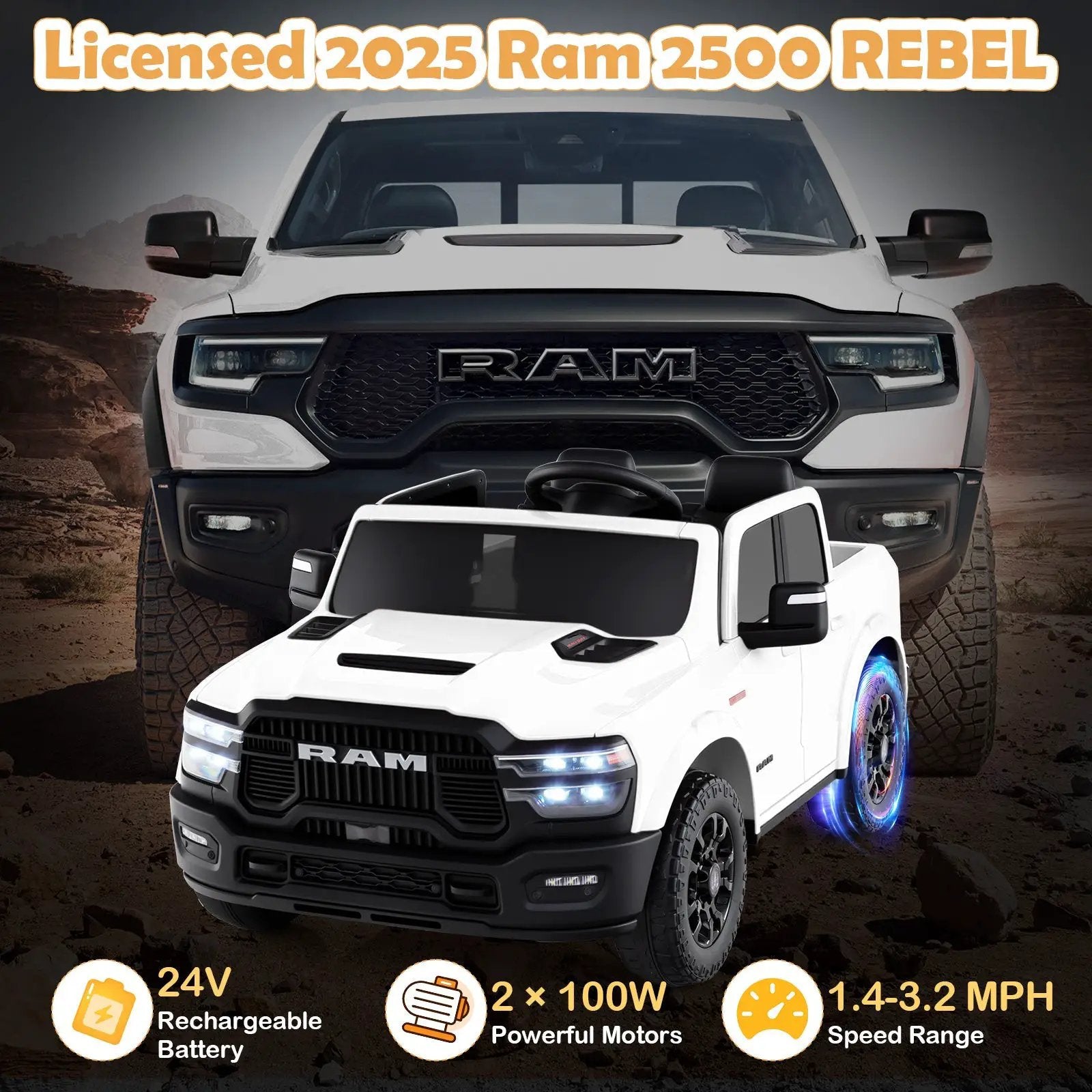 2 Seater 24V Ride on Toy for Big Kids Licensed Ram Truck with Remote and Music by DirectDeals