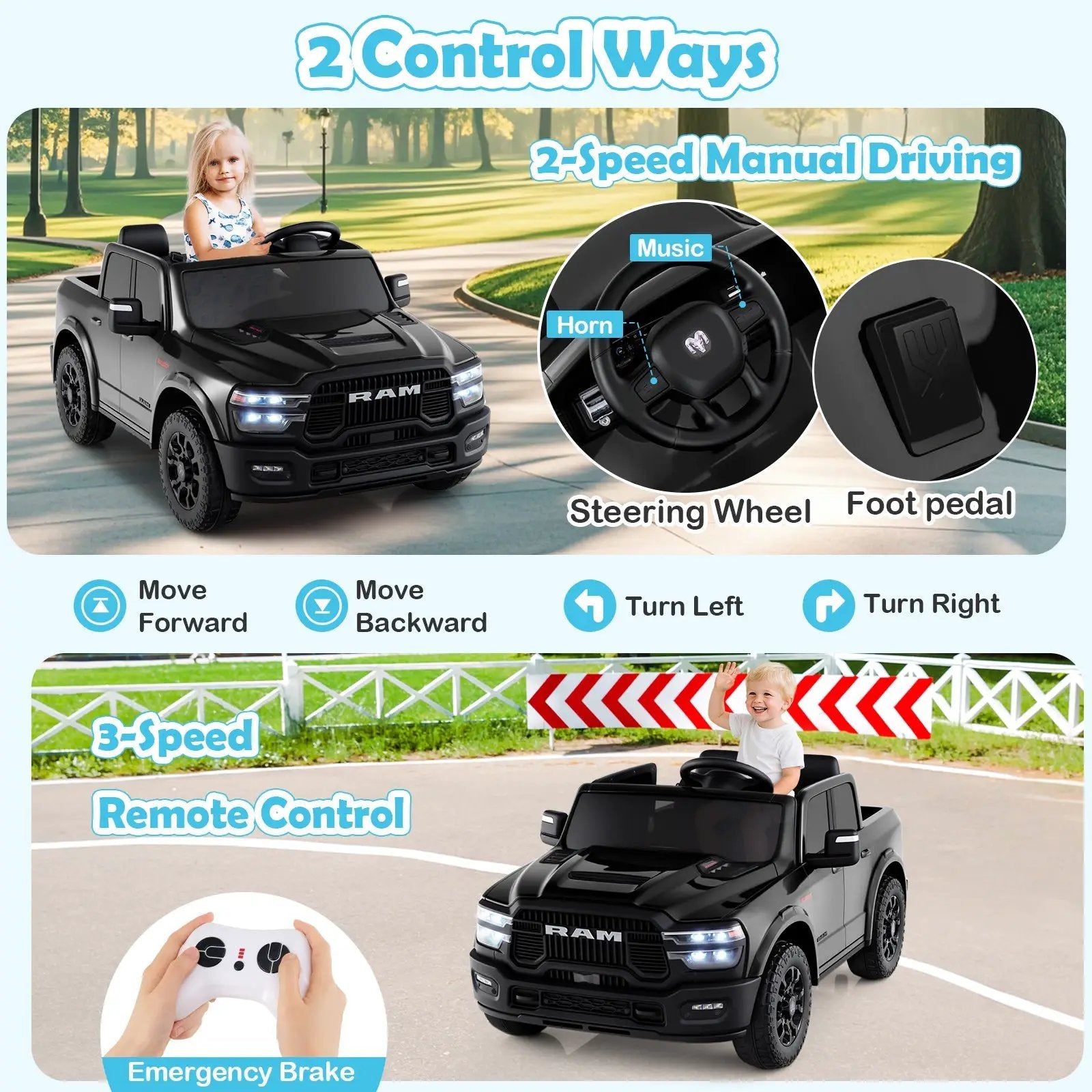 2 Seater 24V Ride on Toy for Big Kids Licensed Ram Truck with Remote and Music by DirectDeals