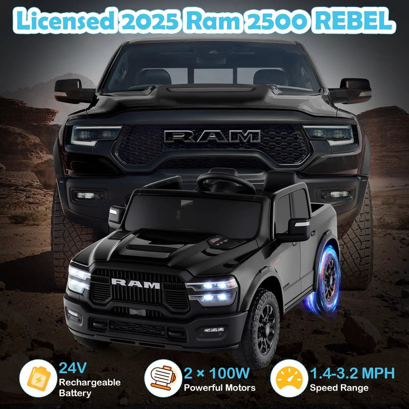 2 Seater 24V Ride on Toy for Big Kids Licensed Ram Truck with Remote and Music by DirectDeals