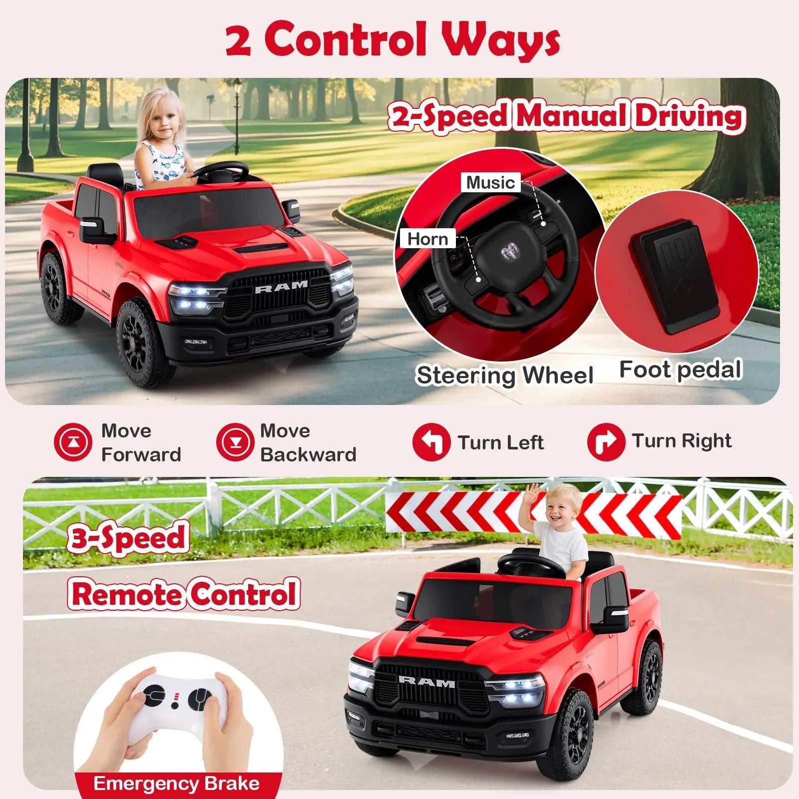 2 Seater 24V Ride on Toy for Big Kids Licensed Ram Truck with Remote and Music by DirectDeals
